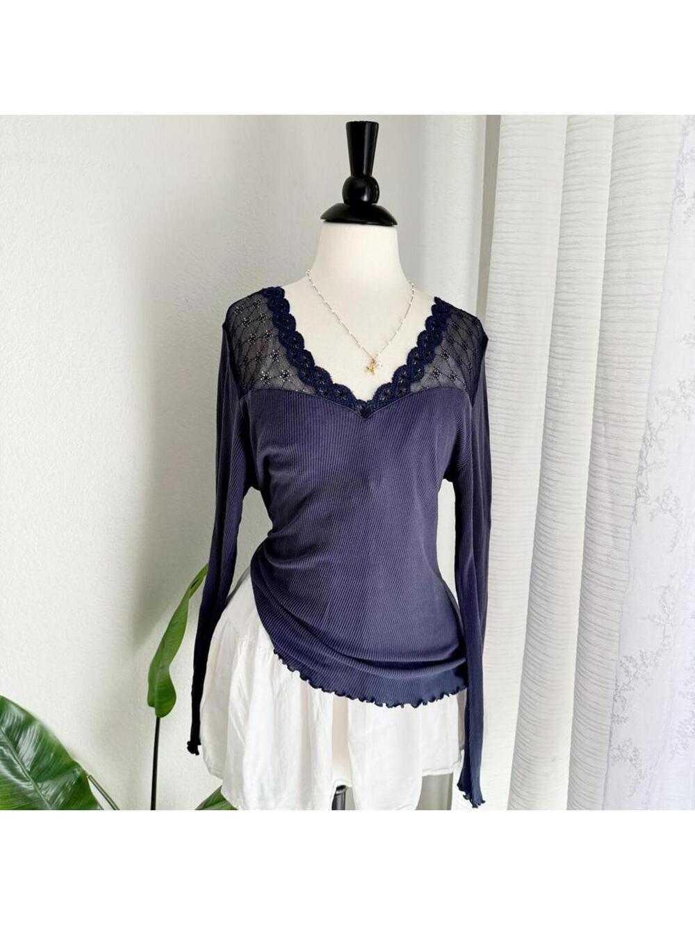 Vintage Selmark Lace Trim Ribbed Top
